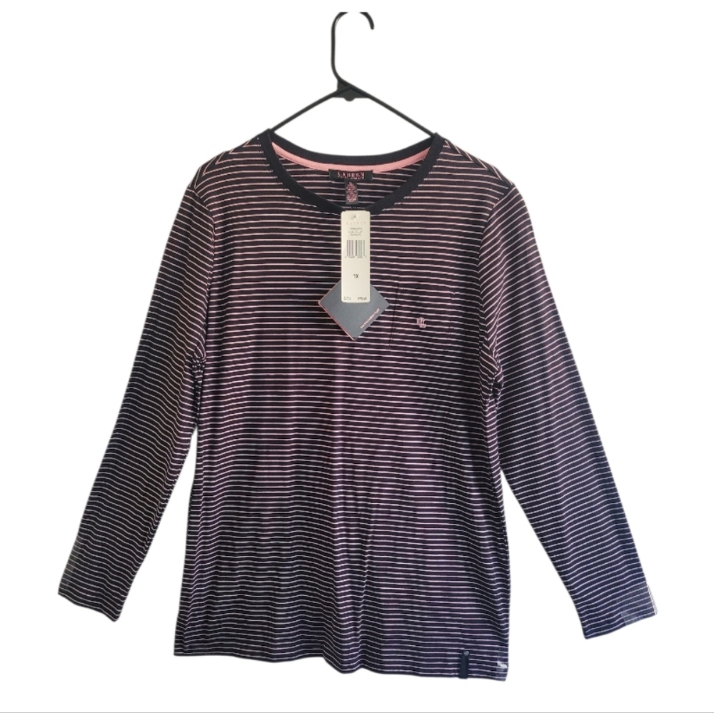 Lauren Ralph Lauren Black and Pink Striped Long Sleeve Shirt  Size 1x - Picture 2 of 8